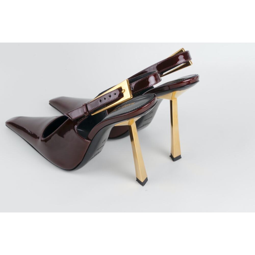 Saint Laurent Lee Burgundy Patent Leather Slingback Pointed Toe Heels Gold 37 - Picture 5 of 16